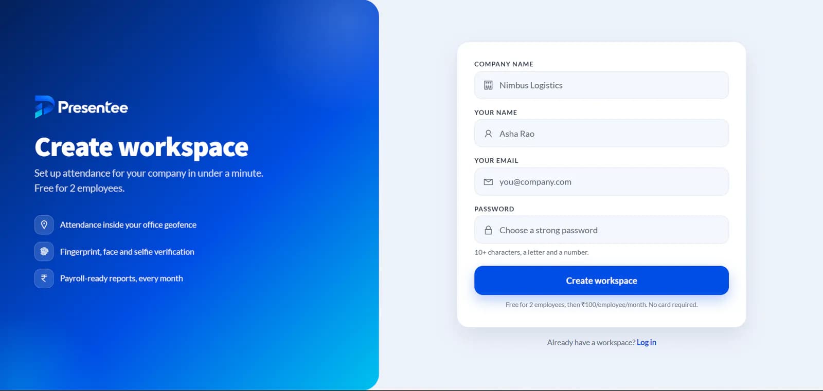 Presentee Workspace Registration and Onboarding
