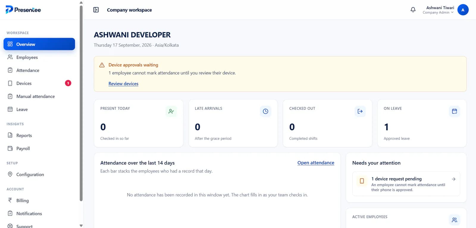 Presentee Company Admin Web CRM Dashboard