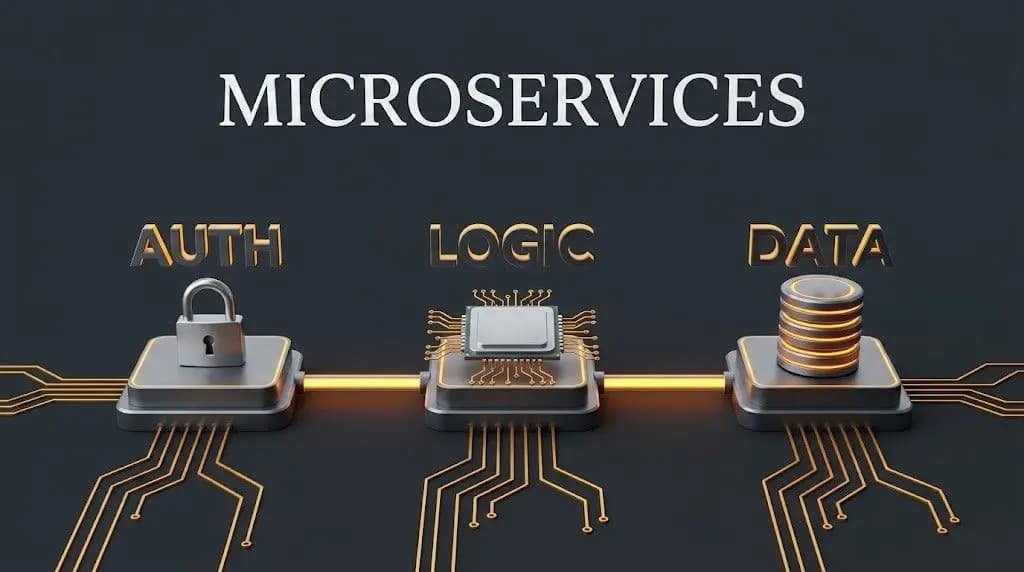 3D visualization of Microservices Architecture featuring Auth, Logic, and Data components connected to an API Gateway